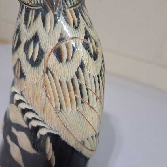 Hand Carved Wood Owl Figurine Intricate Carved Glossy Finish Folk Art Decor - Picture 3 of 10